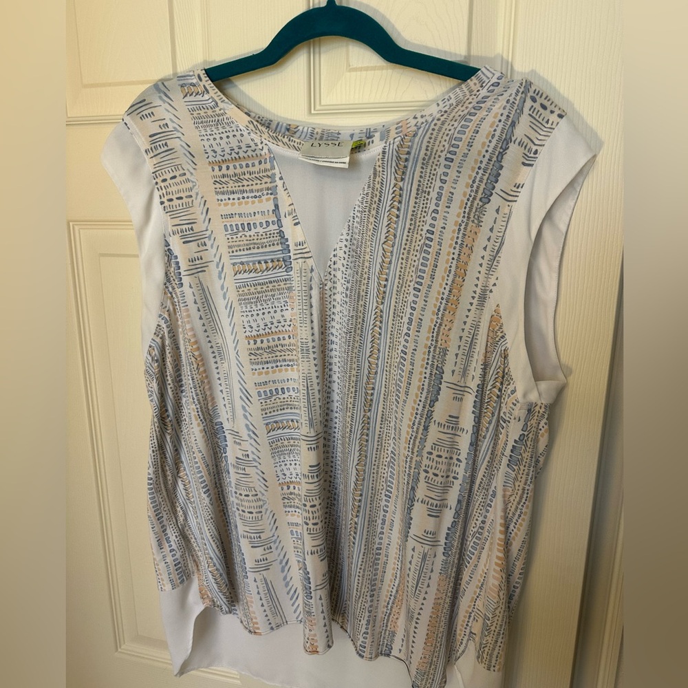 Lysse Cream and Blue Patterned Blouse xl